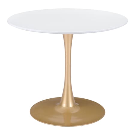 Homeroots 35" White and Gold Wood and Steel Pedestal Base Round Top Dining Table 602233