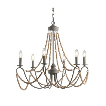 Jonathan Y Rustica 6-Light 27" Adjustable Greige Metal/Wood Bead LED Chandelier, Grey/Natural JYL9060A