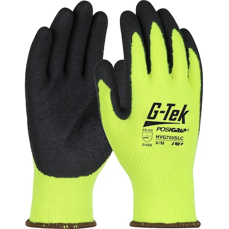 G-Tek Regular Weight Hi-Vis Seamless Knit Polyester Glove w/Latex Coated Crinkle Grip on Palm&Finge, 12PK HVG700SLC/L