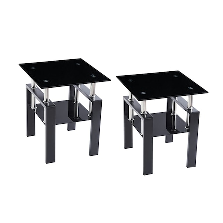 Homeroots Set of Two Black Glass and Metal Square End Tables With Shelf, 2PK 635677