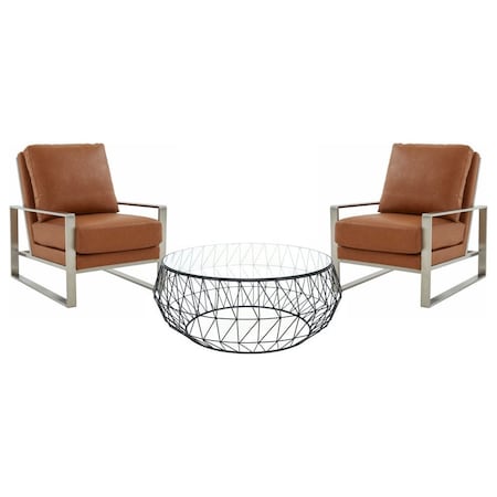 Leisuremod Jefferson Leather Armchair with Silver Frame, Round Coffee Table with Glass Top, Cognac Tan JAS29MD39BR2-L