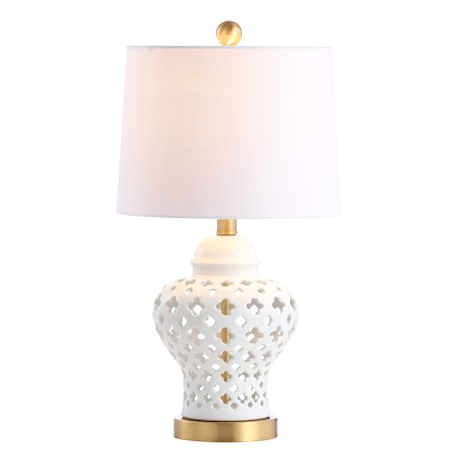 Jonathan Y Quatrefoil Fretwork 20.5" Pierced Ginger Jar Ceramic/Metal LED Table Lamp, White JYL6210A