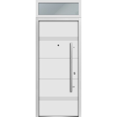 Vdomdoors Steel Door Deux 1705 White Enamel Transom Black Window Stainless Inserts Single Modern Painted-W36x DEUX1705EXD-BEM-W36 x H80+16-Left-hand Inswing