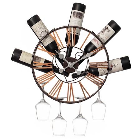 Vintiquewise Wall-Mounted Clock Design Wine Holder with Stemware Rack - Unique Shelf for Champagne, White & QI004686
