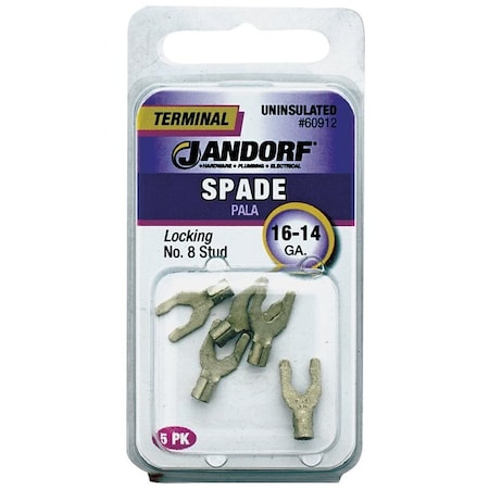 Jandorf Non-Insulated Locking Spade Terminal, 600 V, 16 to 14 AWG Wire, #8 Stud 60912