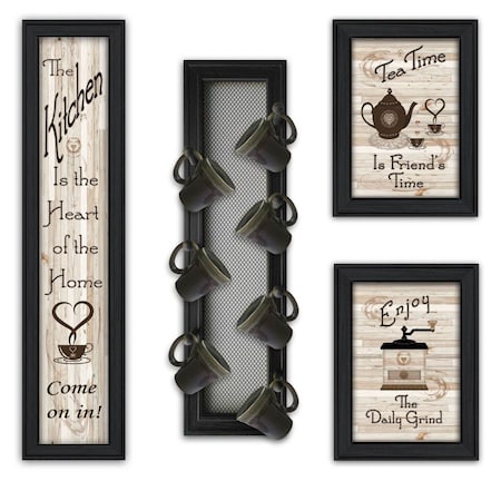 Homeroots Set Of Four Kitchen Collection V with Seven Peg Mug Rack 2 Black Framed Print Kitchen Wall Art, 4PK 405957