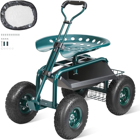 Vevor Rolling Garden Cart with Seat and Wheels Extendable Steer Handle Green TC4501S-GN