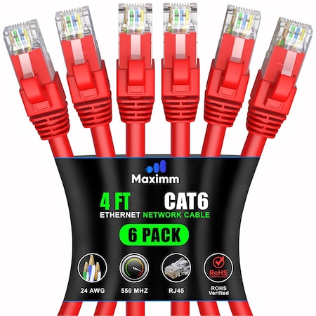 Maximm Cat6 Ethernet Cable 4ft 10Gbps 550MHz UTP, 6PK, Red, 6PK CAT6CCA-4RD-6PK