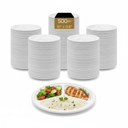 Eco Harmony Products Bagasse Plates, PFAS-Free, Compostable, White, 3 compartments, 10", 500PK 804571