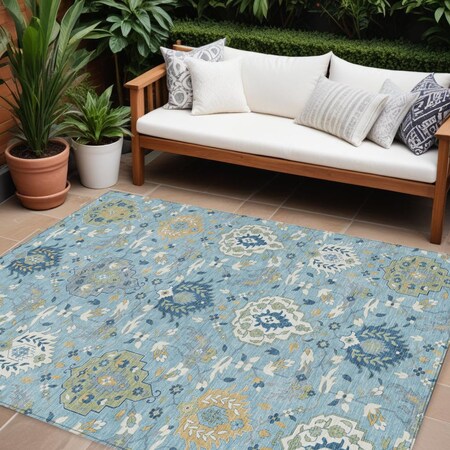 Homeroots 10' X 14' Sky Blue Ivory And Gold Damask Washable Indoor Outdoor Area Rug 599453