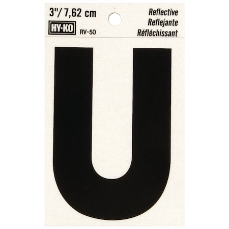 Hy-Ko Reflective Letter, Character: U, 3 in H Character, Black Character, Silver Background, Vinyl RV-50/U