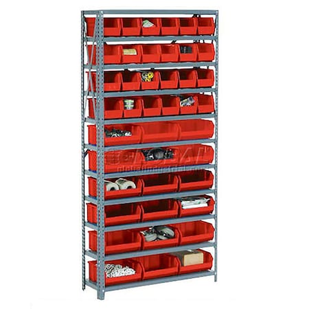 Global Industrial Steel Open Shelving with 8 Red Plastic Stacking Bins 5 Shelves - 36x18x39 603248RD