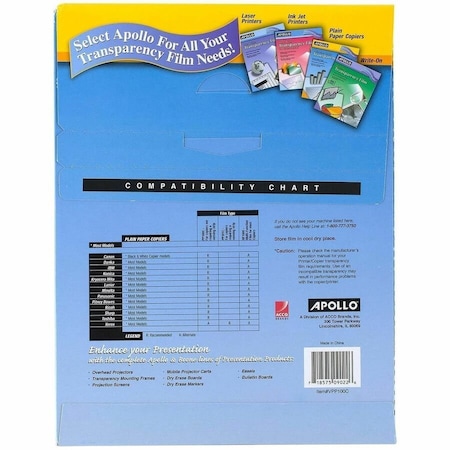 Apollo Transparency Film, 8-1/2 x11", 100/BX, Black on Clear 100PK APOPP100C