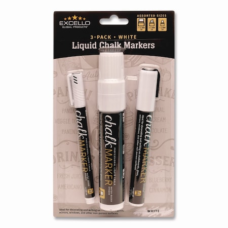 Excello Global Products Liquid Chalk Markers, Assorted Tip Sizes and Types, White, 3PK EGP-HD-0511-S