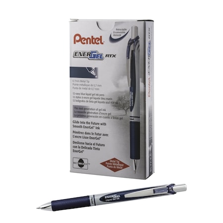 Pentel EnerGel RTX Retractable Liquid Gel Pen, 0.7mm Metal Tip, Medium Line, Navy Blue Ink, 12PK BL77-CA