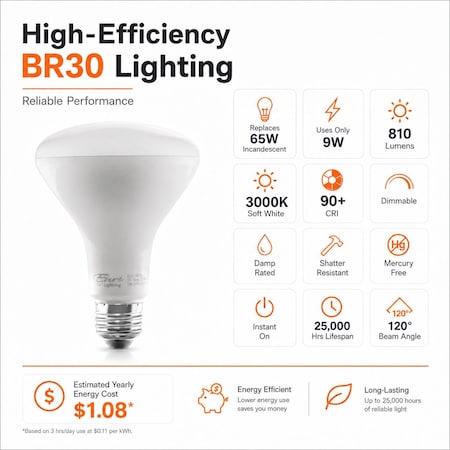 Euri Lighting BR30 LED Flood Bulb, 9W, 810 lm, 65W Eq., 3000K, E26, Dimmable, CEC/JA8, UL EB30-5000cec