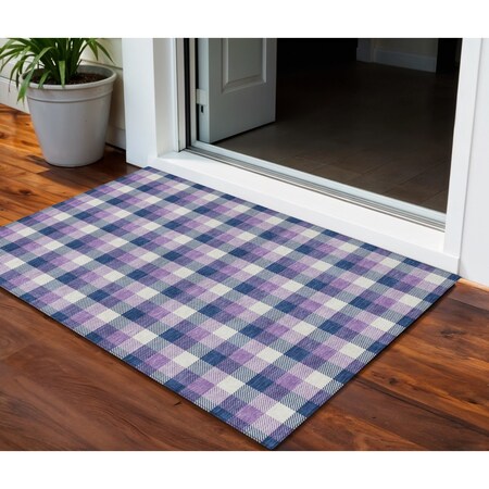 Homeroots 3' X 5' Navy Blue Purple And Beige Plaid Washable Indoor Outdoor Area Rug 601410