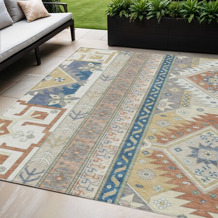 Homeroots 5' X 8' Ivory Blue And Brown Aztec Washable Indoor Outdoor Area Rug 598467