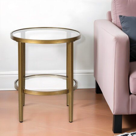 Homeroots 24" Antiqued Brass And Clear Glass And Steel Round End Table With Shelf 544168