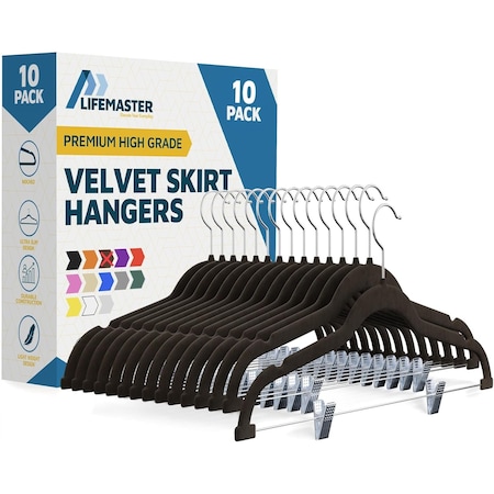 Lifemaster Velvet Skirt Hangers, Adjustable Clips, 360 Deg Swivel Hook, Non-Slip, Holds 10 lbs, Brown, 10PK LMVSH10BW