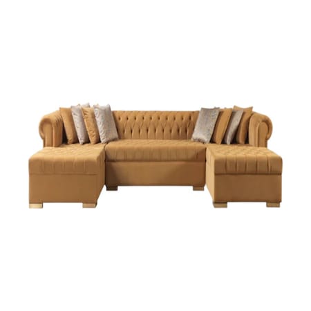 Homeroots Mustard Velvet U Shaped Three Piece Sofa and Chaise Sectional With Toss Pillows 643890