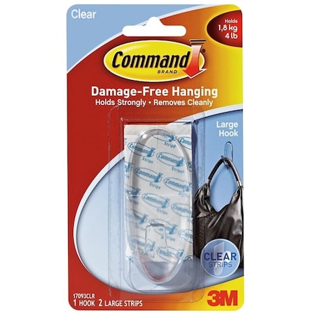 Command Adhesive Hook, 4 lb, 1 -Hook, Plastic, Clear 17093CLR