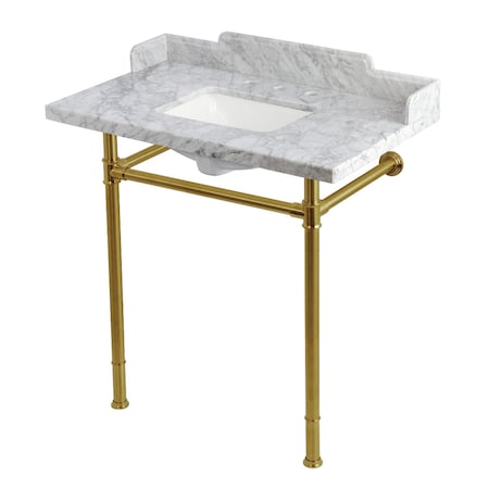 Kingston Brass 36-Inch Carrara Marble Console Sink with Stainless Steel Legs, 8-Inch, 3-Hole KMS36227M8SQ7