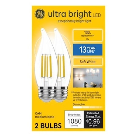 Ge Bulb, Candle Lamp, 100 W Equivalent, Medium Lamp Base, Yes, Warm White, 2700 K Color Temp, 2PK 93131752