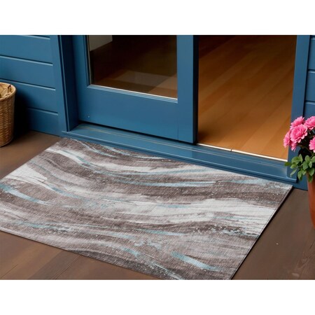 Homeroots 3' X 5' Taupe Sky Blue And Ivory Abstract Washable Indoor Outdoor Area Rug 617443
