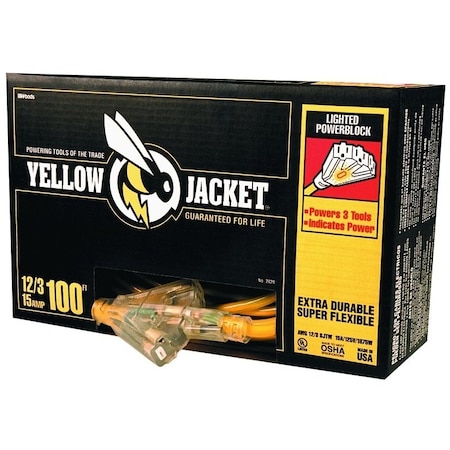 Southwire SJTW Extension Cord Adapter, 12 AWG, 12/3, 3 Outlets, Yellow, 100 ft 2820