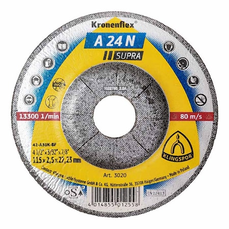 Klingspor A24N Supra Grinding Disc 4-1/2 x 1/4 x 7/8 T27, 10PK A24N1156.022D