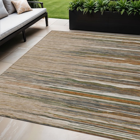 Homeroots 5' X 8' Taupe Copper And Green Striped Washable Indoor Outdoor Area Rug 597296