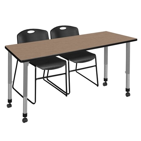 Regency Kee Mobile Adjustable Classroom Table W/ 2 Zeng Stack Chairs, 72 in W, 30 in L, Noble Oak MT7230NOAPCGY44BK
