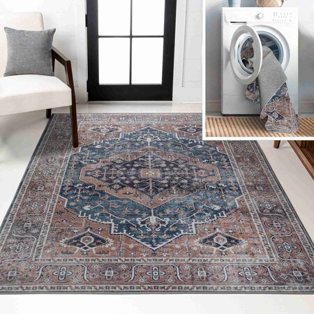 Jonathan Y Alacati Ogee Medallion Non-Slip Machine-Washable Navy/Brown 8 ft. x 10 ft. Area Rug WSH103C-8