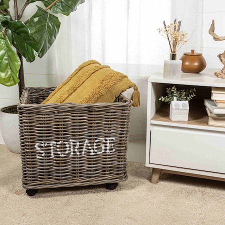 Happimess Yael Coastal Hand-Woven "STORAGE" Rattan Basket with Wheels and Handles, Kubu Gray BSK1001A