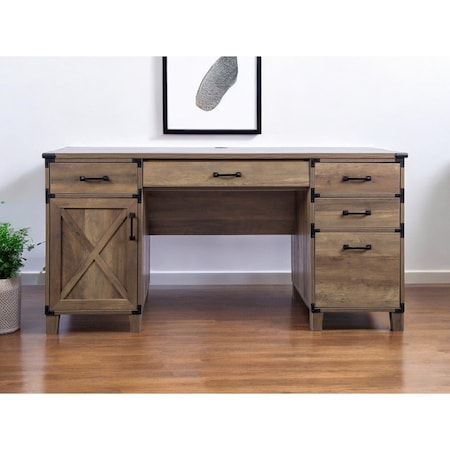 Homeroots 59" Natural Wood Executive Desk With Five Drawers 568266