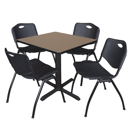 Regency Square Cain Breakroom Table W/ 4 M Stack Chairs, 30 in W, 30 in L, Noble Oak TB3030NO47BK