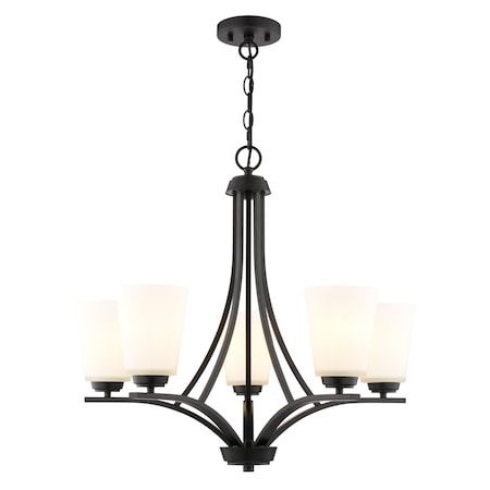 Vaxcel River Grove 5-Light Matte Black Chandelier, Frosted White Glass Shades H0317