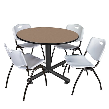 Regency Round Kobe Breakroom Table W/ 4 M Stack Chairs, 48 in W, 48 in L, Noble Oak TKB48RNDNO47GY