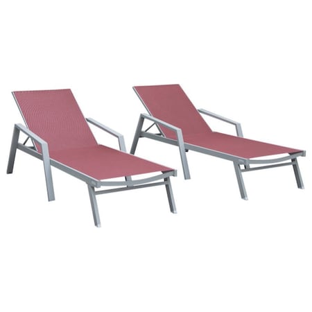 Leisuremod Marlin Patio Chaise Lounge Chair with Armrests in Grey Aluminum Frame, Burgundy, 2PK MLAGR-77BRG2