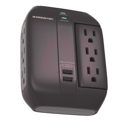Monster Just Power It Up 0 ft. L 6 outlets Wall Tap Surge Protector w/USB Black 1200 J 1607