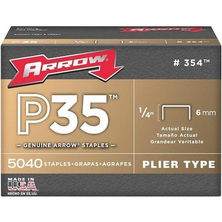 Arrow Fastener Heavy Duty Staples, P35, 25 ga, Flat Crown, 1/4 in Leg L, Steel, 5000 PK 354