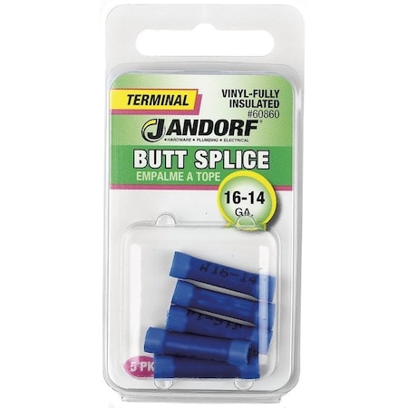 Jandorf Butt Splice Connector, 16 to 14 AWG Wire, Vinyl Insulation, Copper Contact, Blue, 5PK 60860