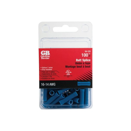 Gb Butt Splice Connector, 600 V, 16 to 14 AWG Wire, Blue0, 100PK 10-123