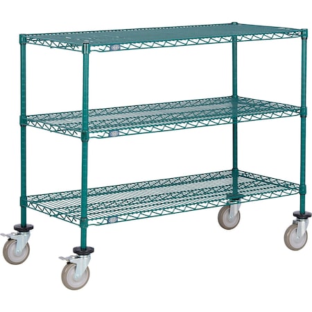 Global Industrial Nexel 3 Shelf Truck, Poly-Green, 60"W x 14"D x 60"H, Polyurethane Swivel Casters, 2 Brakes B3157601