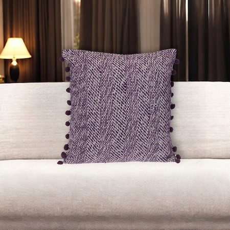 Homeroots 18" Purple and White Weave Cotton Throw Pillow With Pom Poms 529228