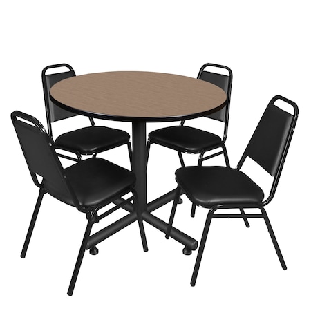 Regency Round Kobe Breakroom Table W/ 4 Restaurant Stack Chairs, 42 in W, 42 in L, Noble Oak TKB42RNDNO29BK