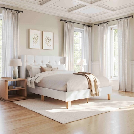 Martha Stewart Carmy Queen Upholstered Platform Bed, Tufted Wingback Headboard and Cushioned Siderails TW-B2503T-Q-WH-MS