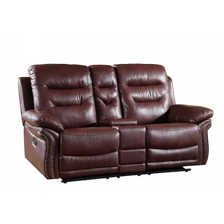 Homeroots 75in Burgundy Faux Leather Manual Reclining Loveseat With Storage 329429