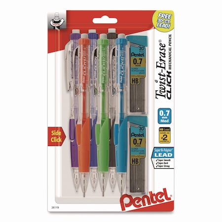 Pentel Twist-Erase CLICK Mechanical Pencil, 0.7 mm, HB #2, Black Lead, Assorted Barrel Colors, 6PK PD277TLBPS6M